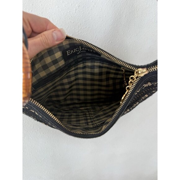 Eric Javits Woven Straw Leather Strap Zip Top Bag Purse Black Tan Brown Shoulder - Picture 6 of 7